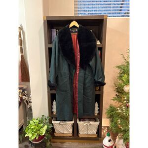 Vintage Komitor 1980’s Green & Black Wool Blend Faux Fur Collar Peacoat Size 18